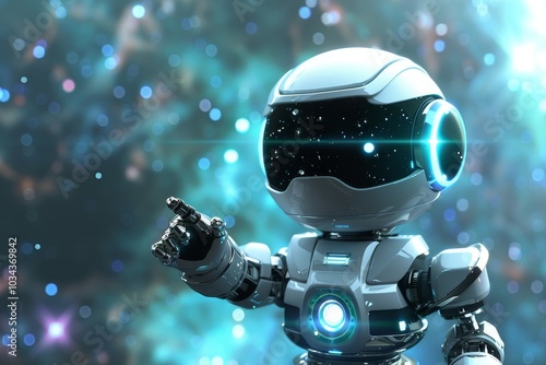 The robot enthusiastically points into the cosmos, surrounded by a shimmering array of stars and galaxies, showcasing a blend of technology and wonder in space exploration.