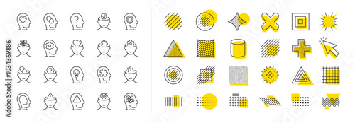Stress anxiety, headache pill and person therapy set. Design shape elements. Mental health line icons. Bipolar disorder, cognitive trouble and depression line icons. Vector