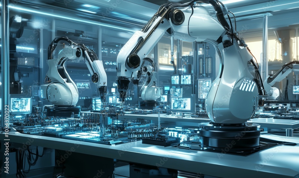 Futuristic robotic arms in a factory setting. Futuristic robotic arms in a factory setting.