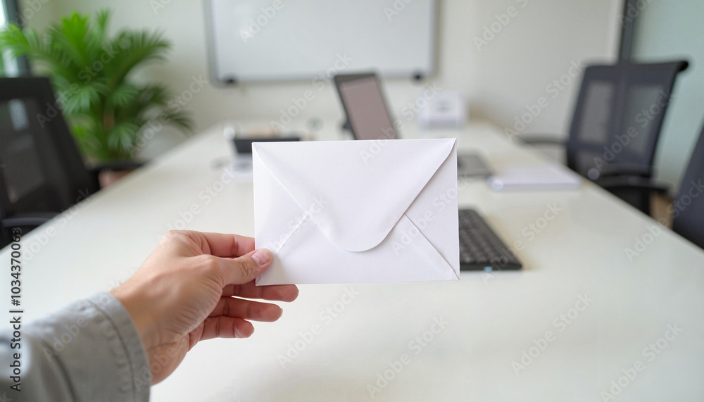 Hand holding a white envelope in an office, professional setting, with copy space for branding
Hand holding a white envelope in an office, professional setting, with copy space for branding