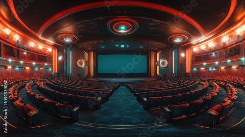 Create a 360-degree equirectangular HDRI image of a futuristic movie theater interior to be used as a background in a render to be used in 360 degree virtual Environment environment should be dark