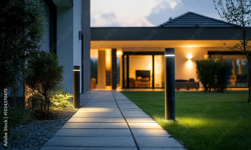 Lit pathway leading to a modern house.