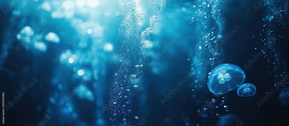 A close-up shot of jellyfish swimming in a deep blue ocean with bubbles, sun rays, and a soft background. A close-up shot of jellyfish swimming in a deep blue ocean with bubbles, sun rays, and a soft background.
