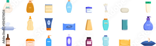 Baby cosmetics icons set. Collection of essential baby care items ensuring a clean and comfortable environment for infants