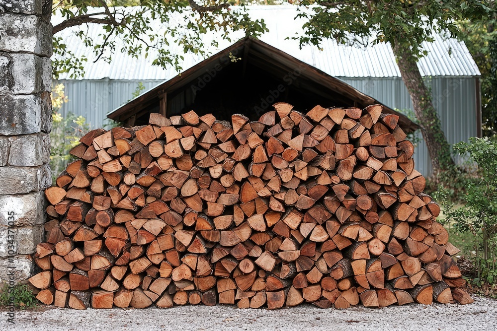 A neatly stacked pile of firewood in front of a shed and a stone wall A neatly stacked pile of firewood in front of a shed and a stone wall