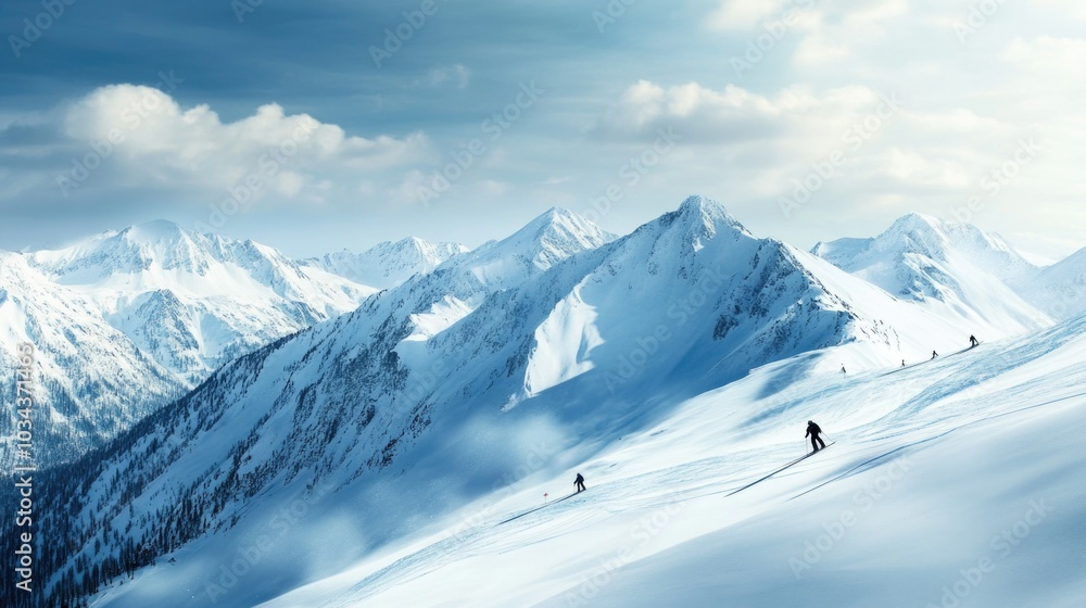 Obraz premium Snow-capped mountain landscape with skiers enjoying blue sky day in winter wonderland, perfect for merry christmas and happy new year celebrations ai