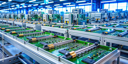 An advanced electronics manufacturing facility showcases rows of green circuit boards being assembled on an automated line, with natural light illuminating the workspace
