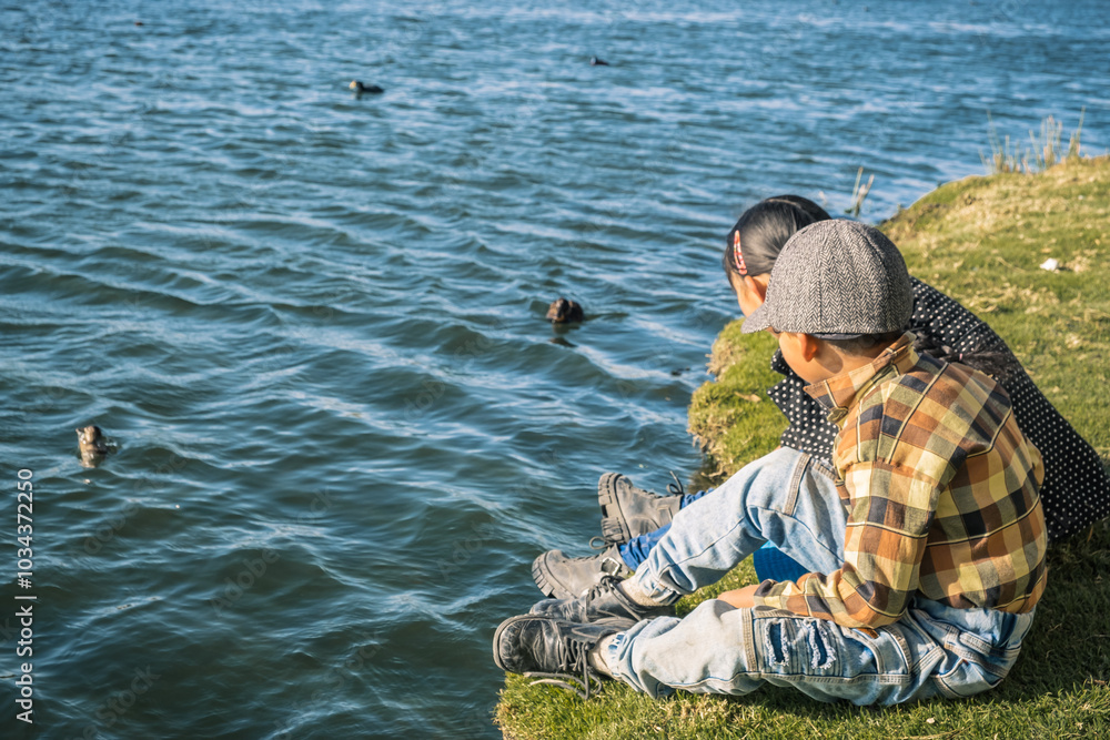 two latin children brothers looking at the ducks on a lake la paz bolivia - concept of nature two latin children brothers looking at the ducks on a lake la paz bolivia - concept of nature