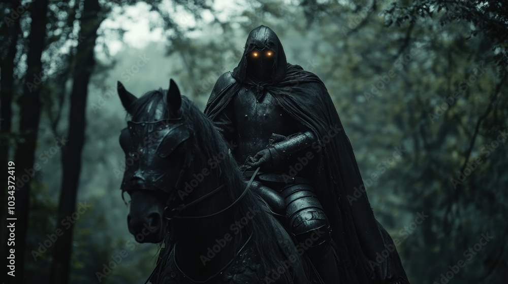 A Gloomy Figure in Black Armor Rides a Black Horse Through a Forest A Gloomy Figure in Black Armor Rides a Black Horse Through a Forest