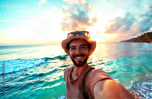 tourist man smiling on the beach, happiness and freedom