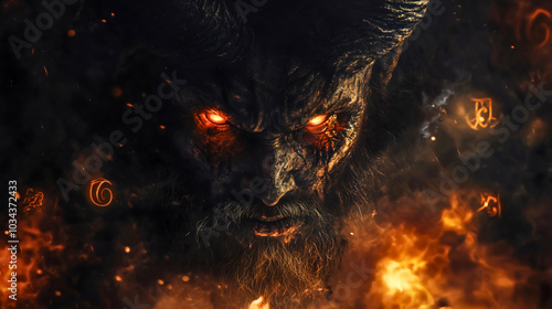 Belial, a demon from the Bible, is a well-known figure mentioned early in the Old Testament. Surrounded by flames, Belial symbolizes opposition to God and represents evil. photo