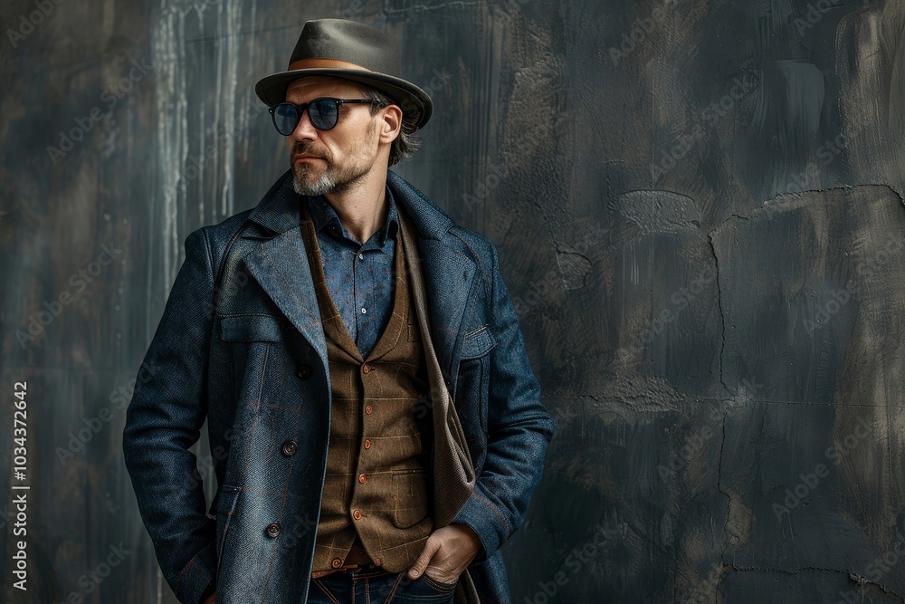 A well-dressed man with a beard, wearing sunglasses and a stylish hat, leans against a textured dark wall, exuding confidence and fashion sense on a sunny day. A well-dressed man with a beard, wearing sunglasses and a stylish hat, leans against a textured dark wall, exuding confidence and fashion sense on a sunny day.