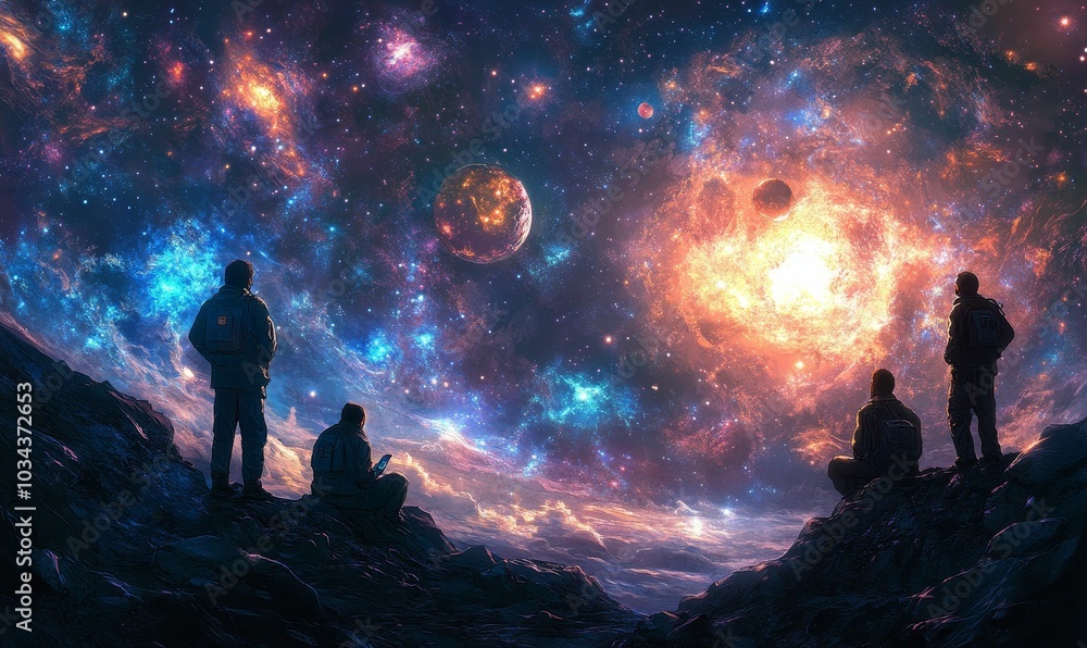 Fototapeta premium Silhouettes gaze at a cosmic nebula.