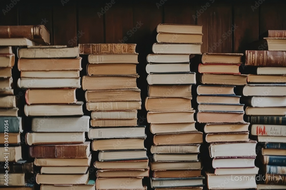 A Collection of Old Books Stacked on a Wooden Shelf A Collection of Old Books Stacked on a Wooden Shelf