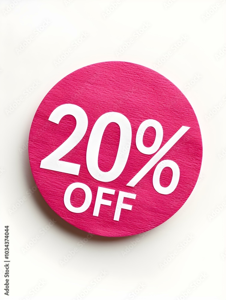 White '20% OFF' Text on a Magenta Round Paper Note. White Background White '20% OFF' Text on a Magenta Round Paper Note. White Background