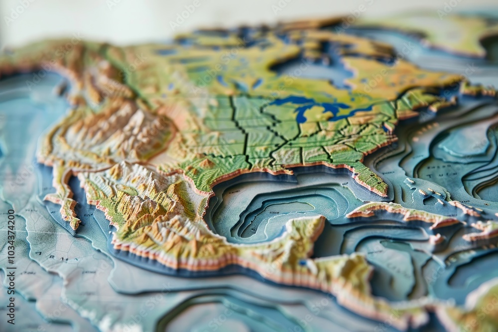 This striking topographic relief map displays the varied elevations and geographic features of North America, highlighting mountains, lakes, and valleys in vibrant colors. This striking topographic relief map displays the varied elevations and geographic features of North America, highlighting mountains, lakes, and valleys in vibrant colors.
