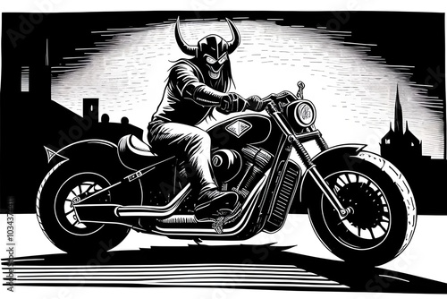 rich black, lino cut  illustration of a large evil monster with horns riding an unbranded motorcycle, gang, motorbike, cycle, rider, ride, fast, eerie, creepy, darkness, speed, menacing, gothic, beast photo