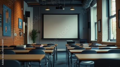 Wallpaper Mural Empty Classroom with Projection Screen and Desks Torontodigital.ca