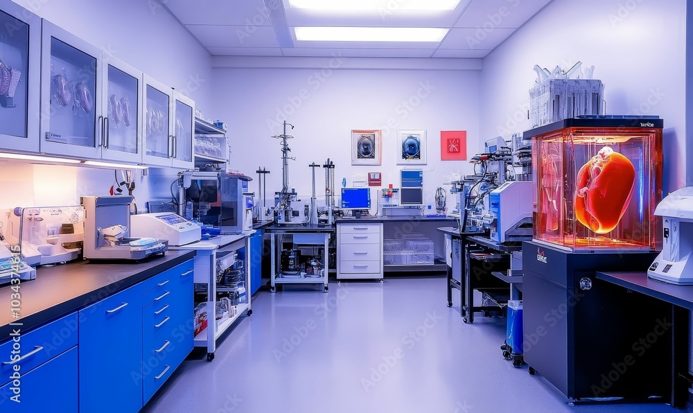 Laboratory with equipment and organ in display case. Laboratory with equipment and organ in display case.