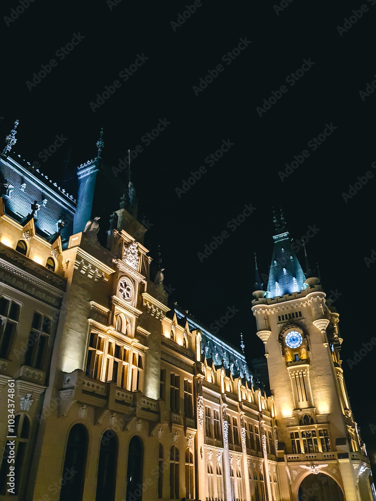 Obraz premium Close up of the Palace of Culture at night, Iasi, Romania
