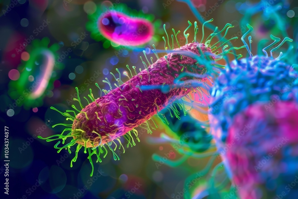 Obraz premium Vibrant bacteria are depicted with detailed structures and colorful filaments, revealing their complexity. This microscopic view highlights their unique characteristics and interactions.