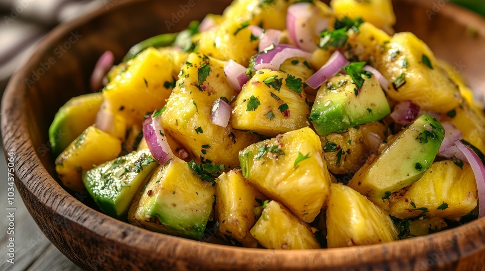 The national cuisine of Mexico: Pineapple salad with avocado and red onion. The national cuisine of Mexico: Pineapple salad with avocado and red onion.