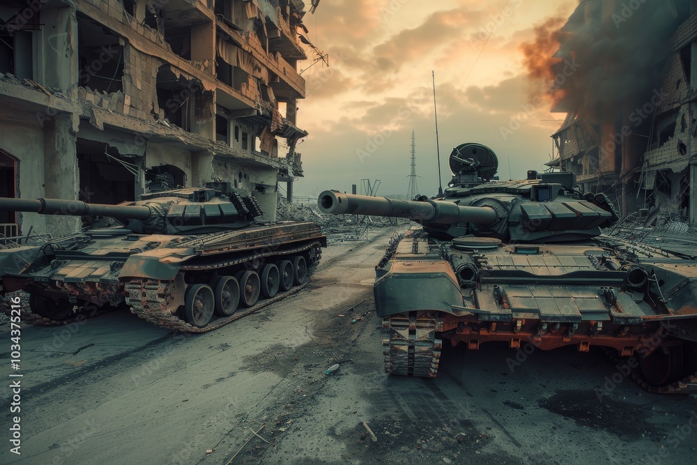 Two military tanks stand in a devastated city environment at dusk, showcasing the aftermath of conflict with ruined buildings and smoke rising in the background. Two military tanks stand in a devastated city environment at dusk, showcasing the aftermath of conflict with ruined buildings and smoke rising in the background.
