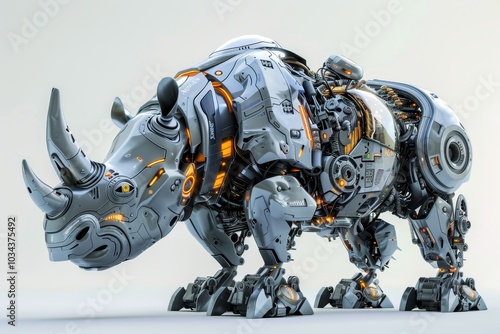 This robotic rhinoceros features elaborate mechanical components and glowing orange highlights, displaying advanced technology in a sleek and minimalist environment.