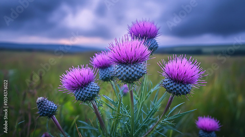 Scottish thistle in bloom against a moody sky