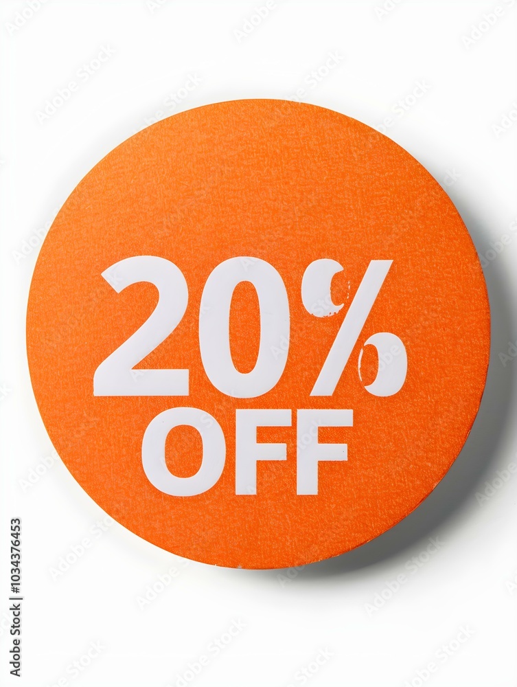 White '20% OFF' Text on a Orange Round Paper Note. White Background White '20% OFF' Text on a Orange Round Paper Note. White Background