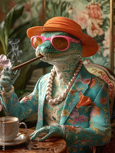 A colorful anthropomorphic snake in a bright suit sits at a table and smokes a cigar