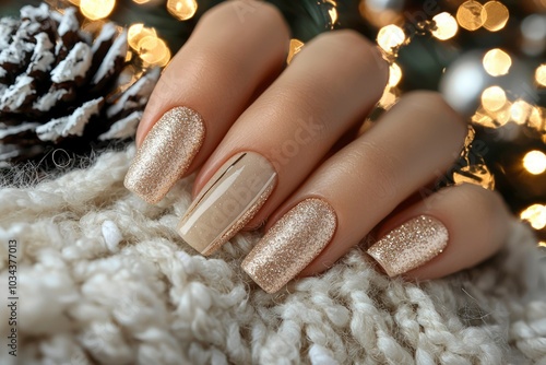 Closeup of a Hand with Gold Glitter and Nude Nail Polish