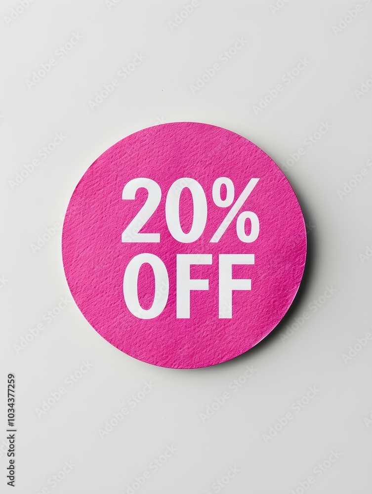 White '20% OFF' Text on a Pink Round Paper Note. White Background White '20% OFF' Text on a Pink Round Paper Note. White Background