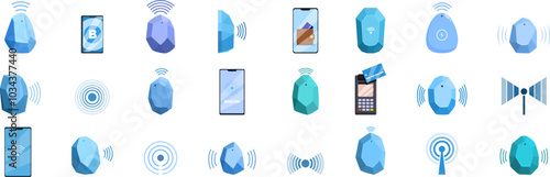 Beacon technology icons set. Bluetooth beacon set with various devices connecting and transmitting data illustrating proximity marketing concept
