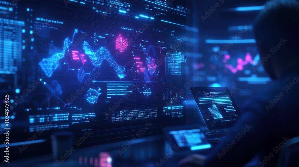 A futuristic office with a person analyzing dynamic data on digital interfaces, showcasing lifecycle stages and analytics A futuristic office with a person analyzing dynamic data on digital interfaces, showcasing lifecycle stages and analytics