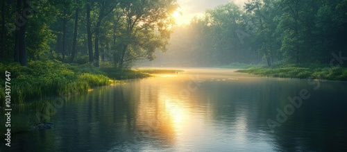 Sunlit River in a Misty Forest