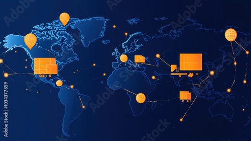 A global sourcing strategy map illustrating highlighted regions and supply routes in orange and blue tones