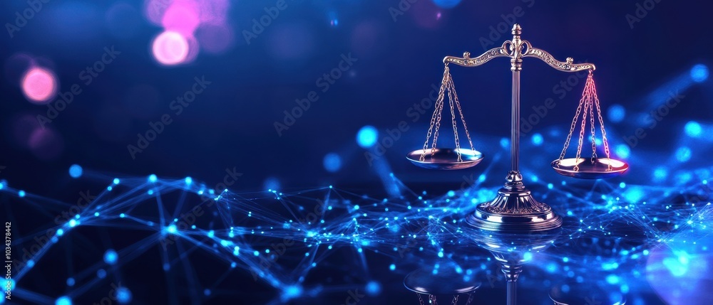An elegant silver scale of justice set against a digital backdrop, highlighting the complexities of online legal proceedings An elegant silver scale of justice set against a digital backdrop, highlighting the complexities of online legal proceedings