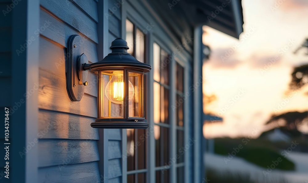 A lit lantern on a blue house. A lit lantern on a blue house.