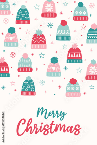 Colourful Christmas poster in cartoon style. Greeting card decorated with cute hand drawn winter hats. Vector illustration