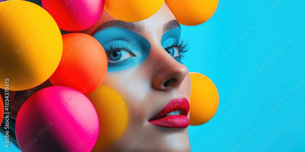 Obraz premium Vibrant artistic portrait with colorful spheres and bold makeup on blue background