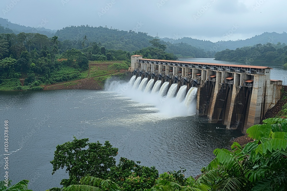Concrete Dam with Water Rushing Through Open Gates Concrete Dam with Water Rushing Through Open Gates