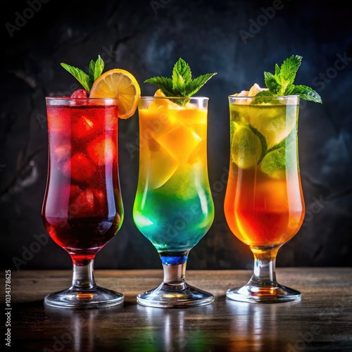 Vibrant cocktails in tall glasses showcasing colors and refreshing vibes. Generative AI