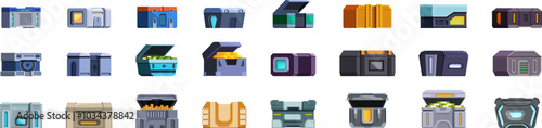 Sci fi boxes icons set. Collection of different closed and opened sci fi containers holding valuable resources, energy or futuristic weapons