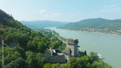Aerial view of Salamon Tower (Lower Castle) in Visegrad, Hungary. 
