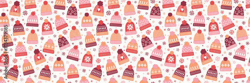 Colourful hand drawn winter hat background. Christmas seamless texture. Banner. Vector illustration
