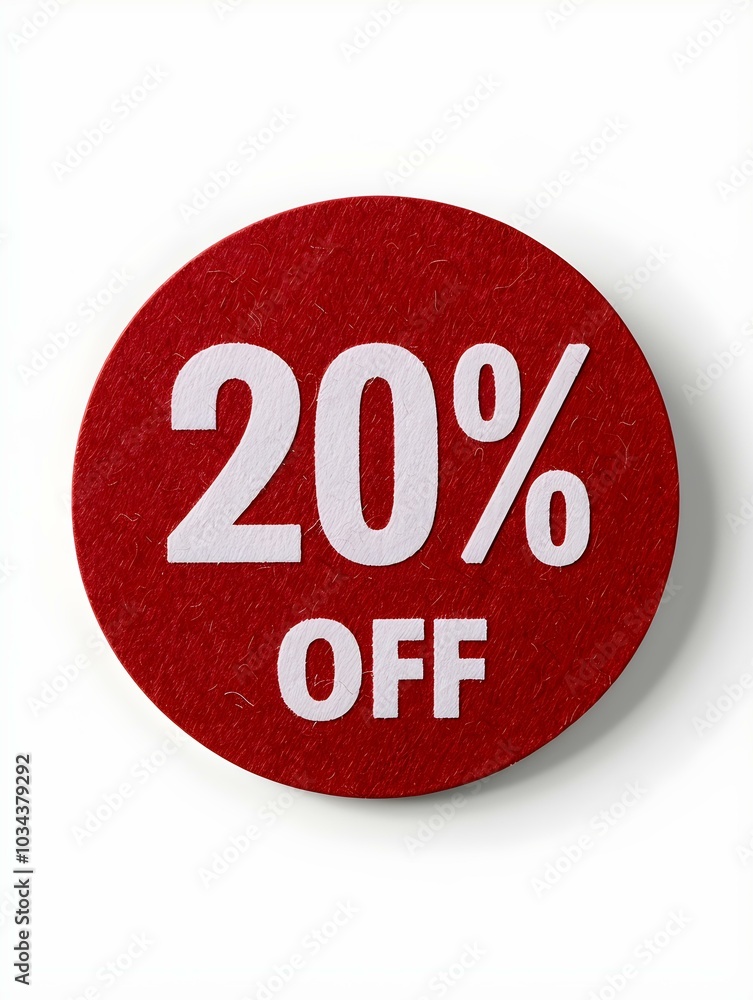 White '20% OFF' Text on a Red Round Paper Note. White Background White '20% OFF' Text on a Red Round Paper Note. White Background