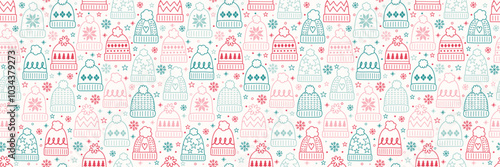 Colourful seamless pattern with cute hand drawn winter hats. Christmas background concept. Banner. Vector illustration