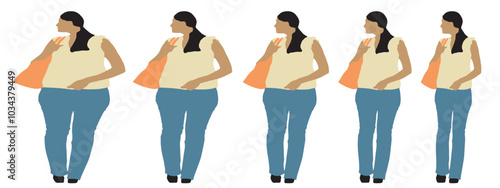 Conceptual fat overweight obese female vs slim fit healthy body after weight loss or diet on white background banner. A  fitness, nutrition or obesity, health shape illustration vector as silhouettes