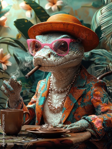 A colorful anthropomorphic snake in a bright colorful suit sits at a table and smokes a cigar